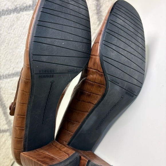 Stuart Weitzman Women’s 9 Brown Alligator Mary Jane Block Heel Faux Button Shoes - Picture 8 of 10